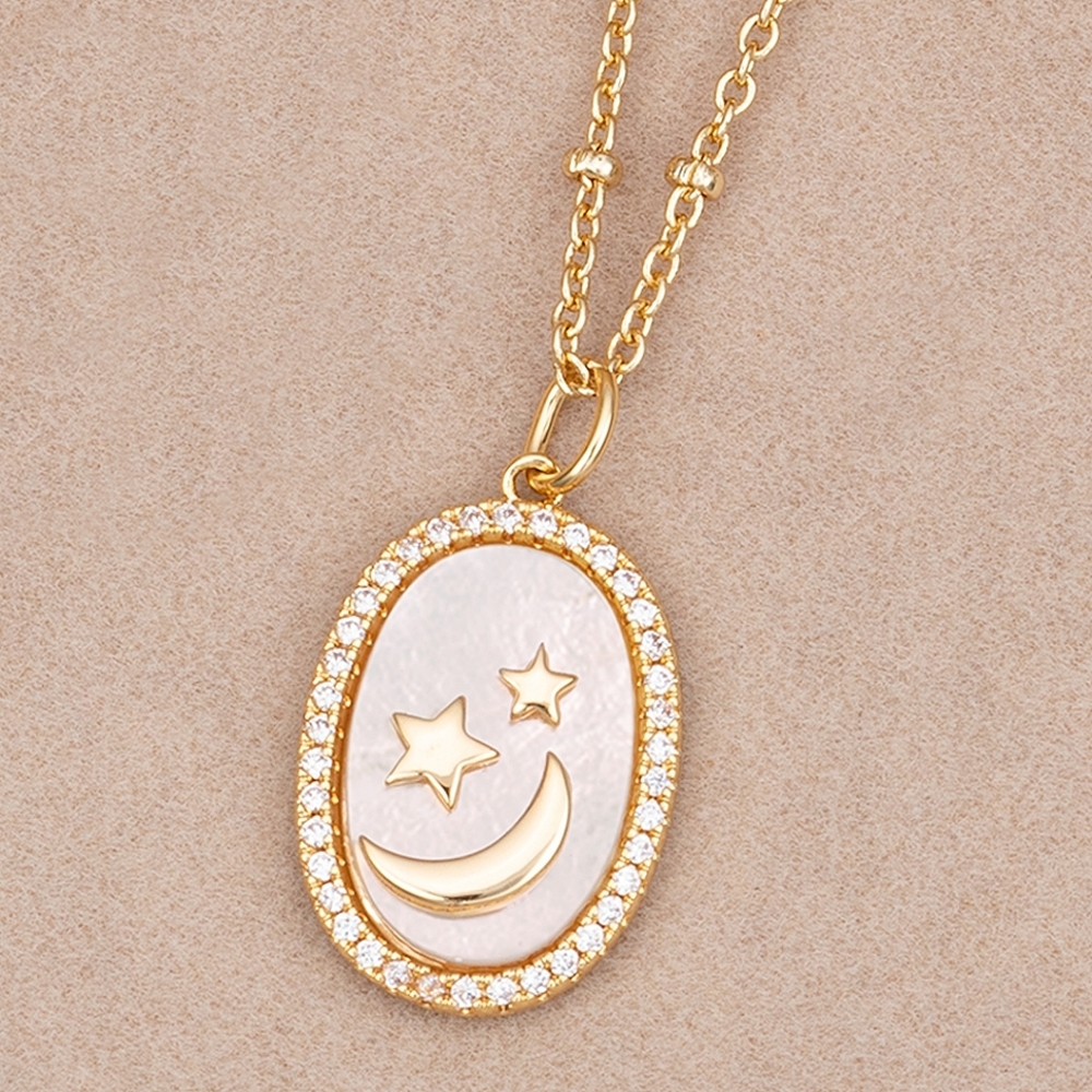 Champagne Gold Necklace with Mother Of Pearl, Oval Star and Moon